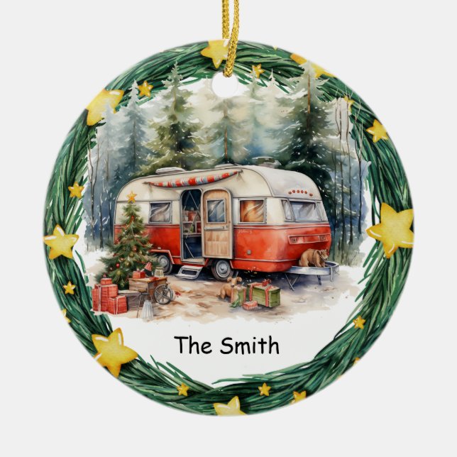 Camping Christmas Van for Camper Ceramic Ornament (Front)