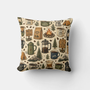 Camping Coffee Vintage Seamless Pattern Throw Pillow
