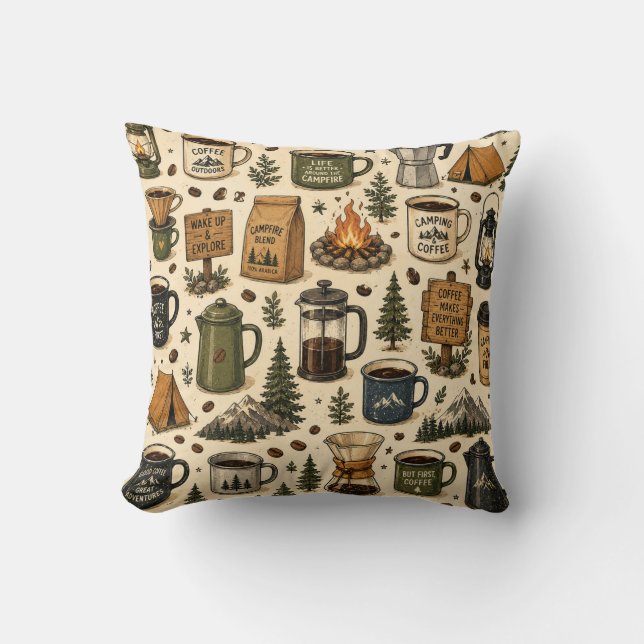 Camping Coffee Vintage Seamless Pattern Throw Pillow (Front)