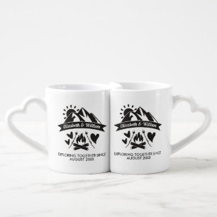 Camping couple exploring together mountain bonfire coffee mug set