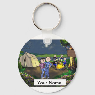 Camping Couple, Four Children Cartoon Keychain