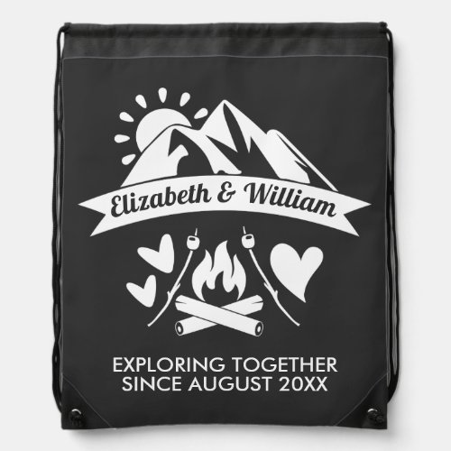 Camping couple mountain bonfire exploring together drawstring bag
