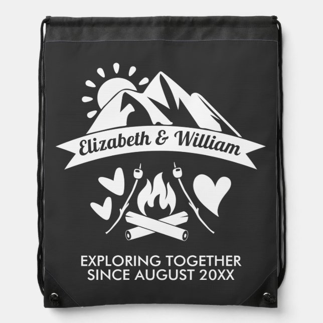 Camping couple mountain bonfire exploring together drawstring bag (Front)