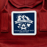 Camping couple mountain bonfire exploring together patch<br><div class="desc">Cute camping couple patch featuring mountains and bonfire white silhouettes on a blue background,  with the caption exploring together since in white lettering. Easily customizable by adding your names and text.
For custom requests,  please feel free to contact me at zolicestore@hotmail.com (please allow 1-2 working days)</div>