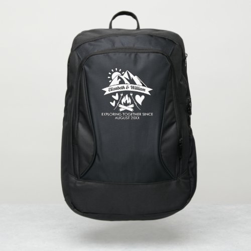 Camping couple mountain bonfire exploring together port authority backpack