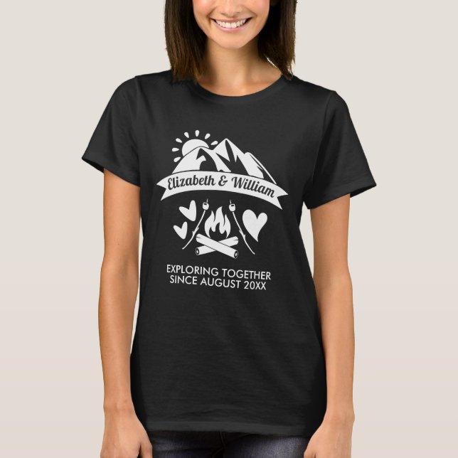 Camping couple mountain bonfire exploring together T-Shirt (Front)