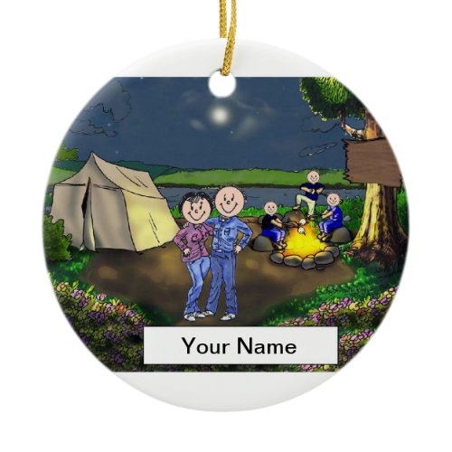 Camping Couple, Three Children Ceramic Ornament