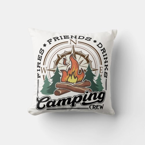 Camping Crew Fries Friends Drinks Throw Pillow