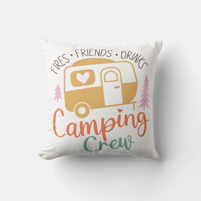 Camping Crew Fries Friends Drinks Throw Pillow (Front)