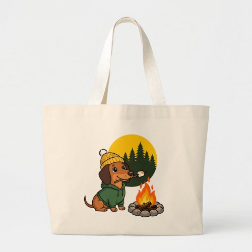 Camping Dachshund Roasting Marshmallow Large Tote Bag