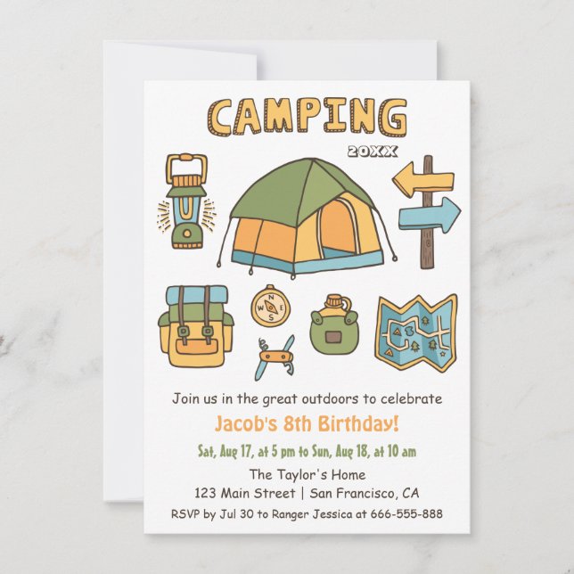 Camping Doodle Kids Birthday Party Invitations (Front)