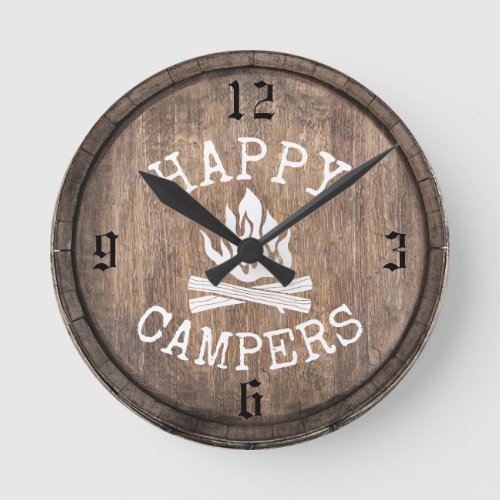 Camping Family Happy Campers Rustic Vintage Wood Round Clock