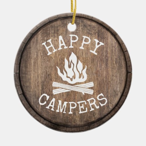 Camping Family Happy Campers Rustic Wooden Ceramic Ornament