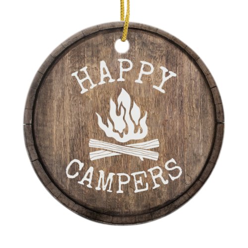 Camping Family Happy Campers Rustic Wooden Ceramic Ornament