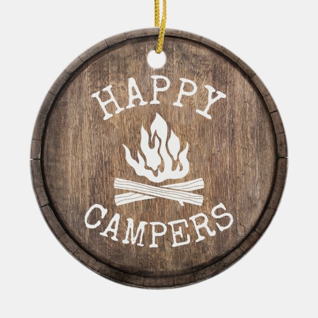 Camping Family Happy Campers Rustic Wooden Ceramic Ornament (Front)