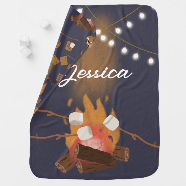 Camping Fire Outdoor Adventure & Marshmallows Name Baby Blanket (In Situ)