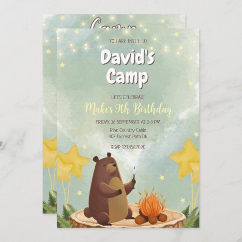Camping Forest Bear Boy Birthday Invitation