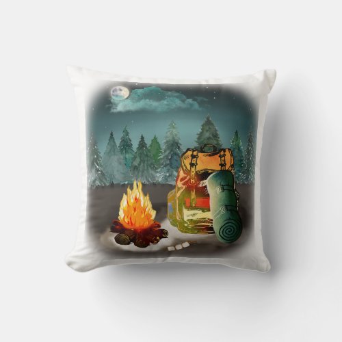 Camping Forest Night Adventure Throw Pillow