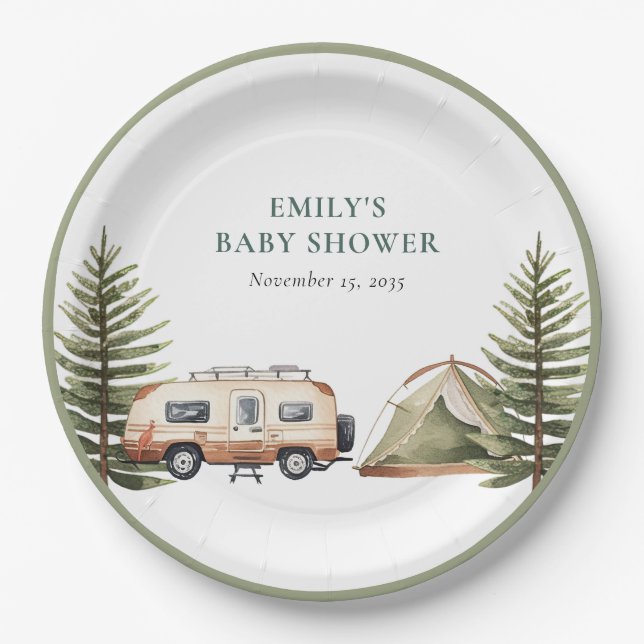 Camping Forest Watercolor Baby Shower Paper Plates (Front)