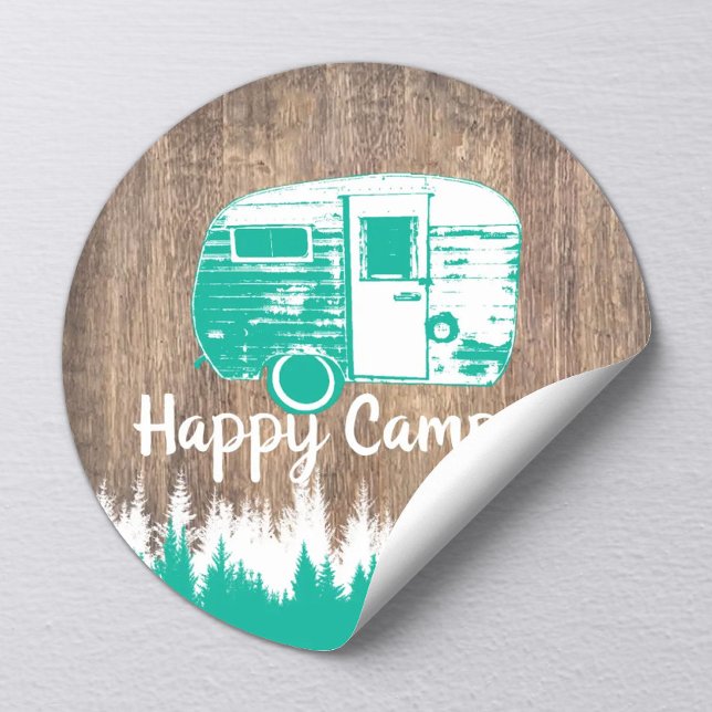 Camping Fun Happy Camper Rustic Forest Classic Round Sticker (Creator Uploaded)