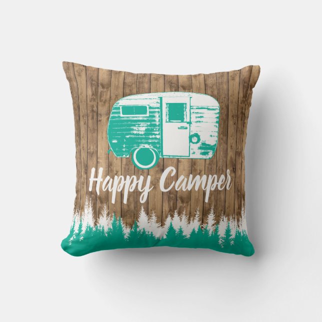 Camping Fun Happy Camper Rustic Forest Throw Pillow (Front)