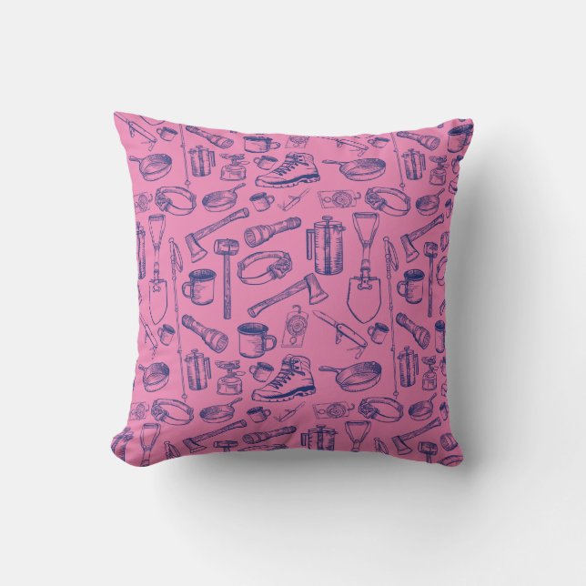 Camping Gear Pattern Throw Pillow (Front)