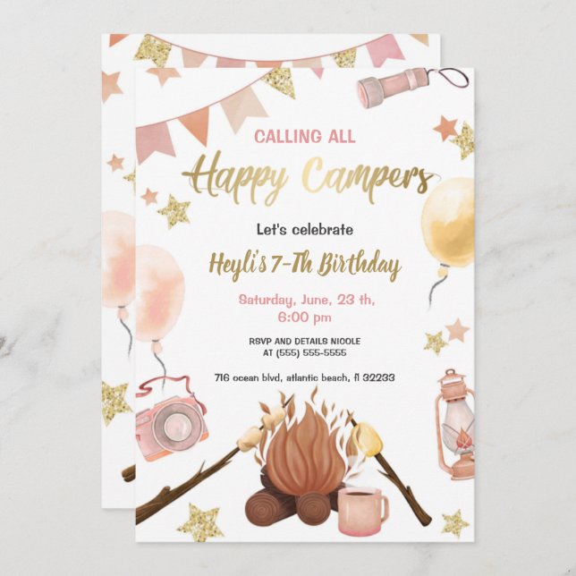 Camping Girl Birthday Bonfire Invitation (Front/Back)