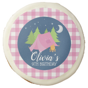 Camping girl Birthday party cookies pink plaid