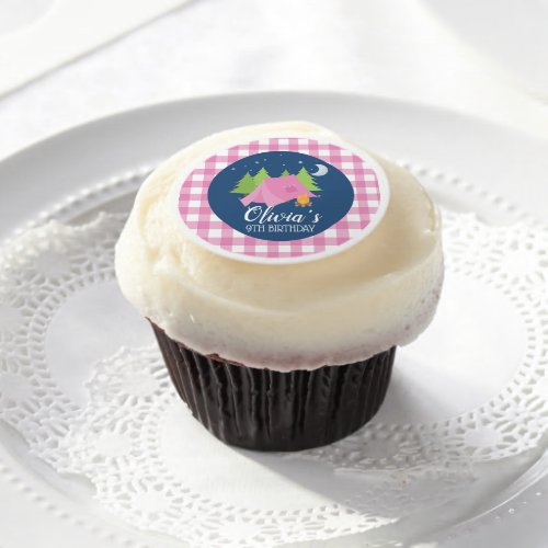 Camping girl Birthday party cupcake pink plaid Edible Frosting Rounds