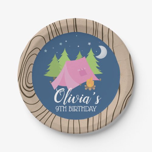 Camping girl Birthday party plates wood background