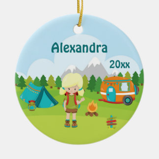 Camping Girl Fire Camper Tent Backpack Blond Ceramic Ornament