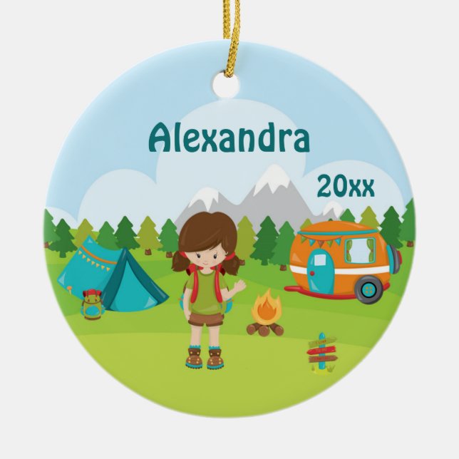 Camping Girl Fire Camper Tent Backpack Brown Ceramic Ornament (Front)