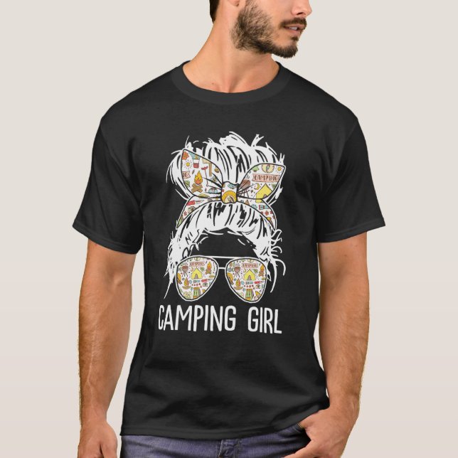 Camping Girl Messy Hair In Bun Sunglasses Bandana  T-Shirt (Front)