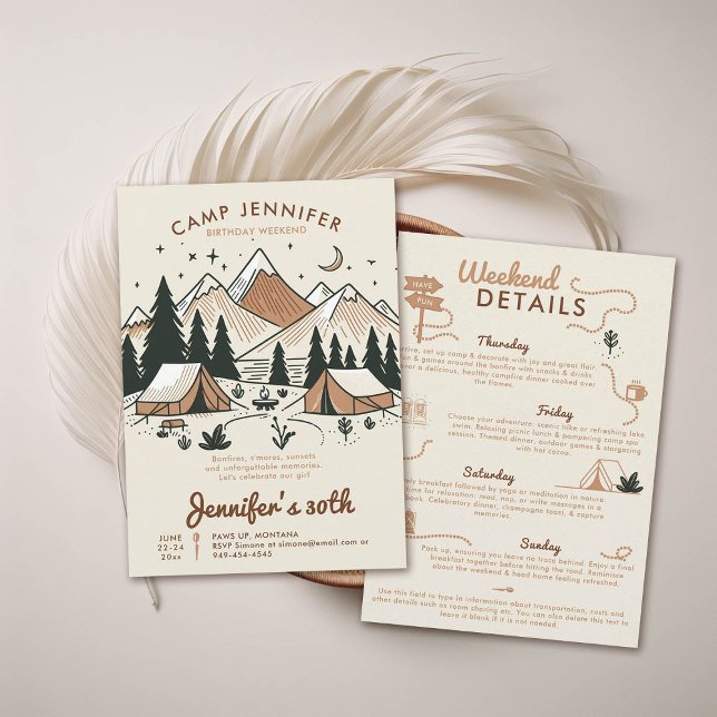 Camping Glamping Camp Earth 30th Birthday Weekend Invitation (camping 30th birthday weekend itinerary modern minimalist camp mountains forest earthy brown beige)