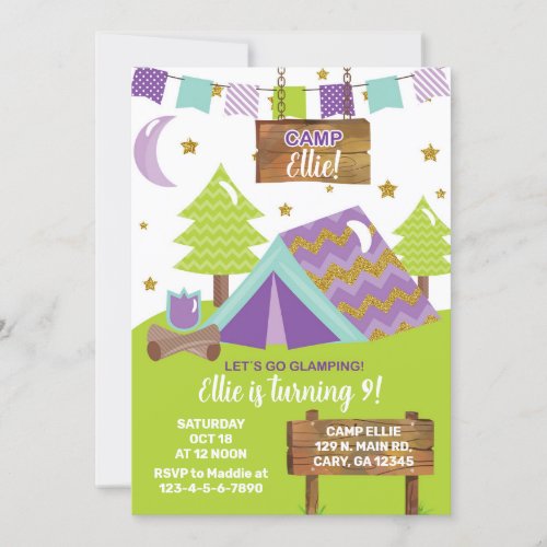 Camping glamping girl birthday invitation invitat invitation