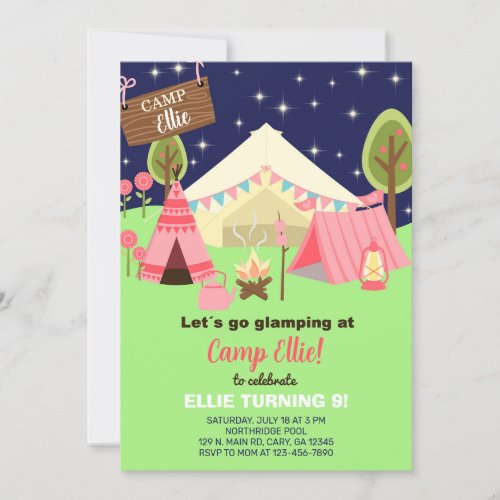 Camping glamping girl birthday invitation invitation