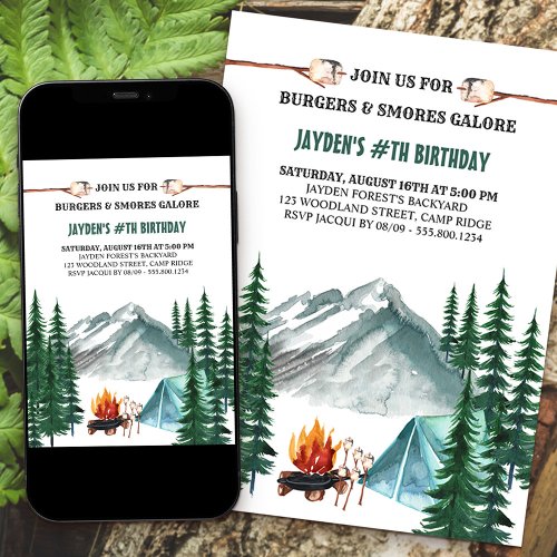 Camping Grill and Smores Camp Out Birthday Invitation