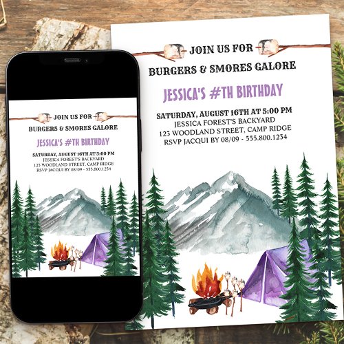 Camping Grill and Smores Camp Out Girls Birthday Invitation