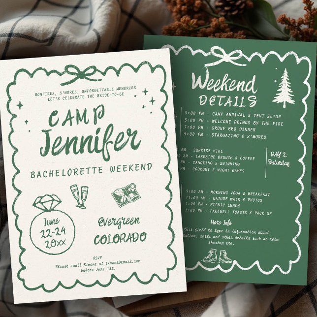 Camping Hand Drawn Green Bow Bachelorette Party Invitation (camp bachelorette invitation handwriting hand written camping glamping hiking itinerary bach bow)