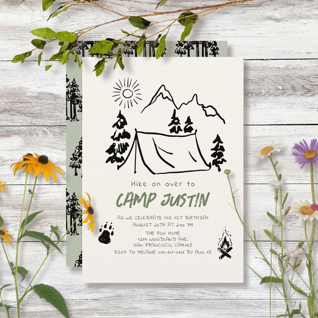Camping Hand-drawn Tent Mountain Boy 1st Birthday Invitation (Creator Uploaded)