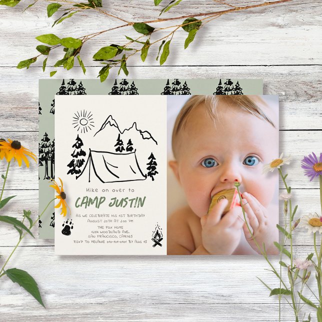 Camping Hand-drawn Tent Photo Boy 1st Birthday Invitation (Creator Uploaded)