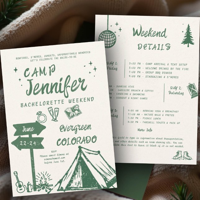Camping Hand-Written Camp Green Bachelorette Party Invitation (camp bachelorette invitation handwriting hand written itinerary camping glamping hiking nature bach)
