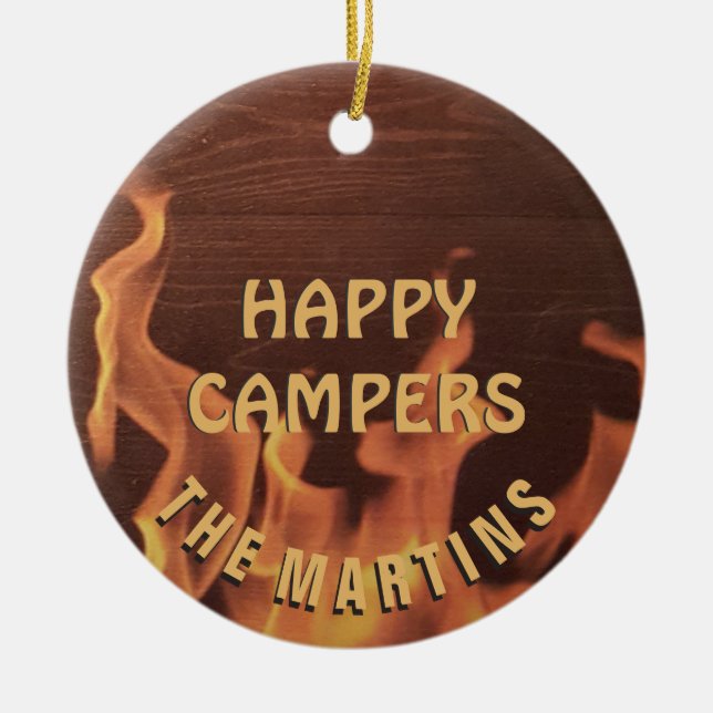 Camping Happy Camper Campfire Retired Personalized Ceramic Ornament (Front)