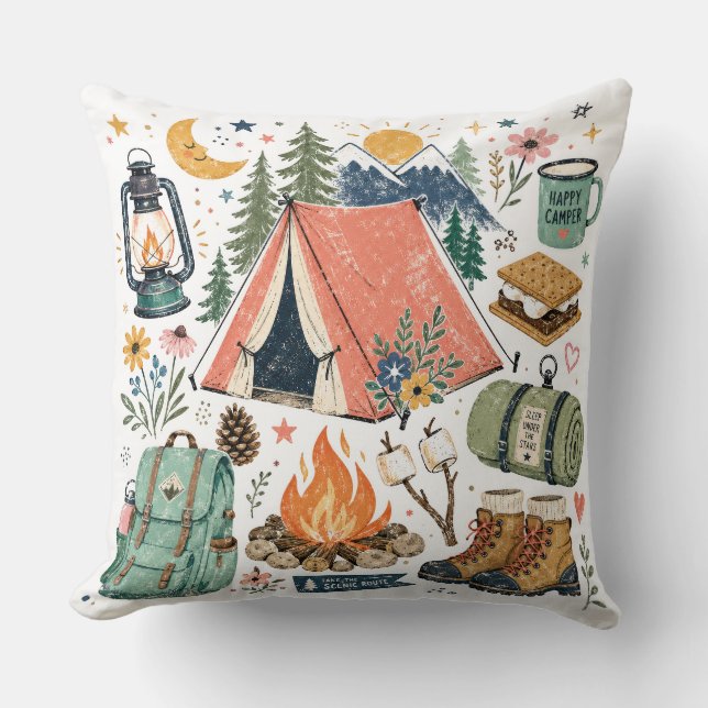 Camping Illustration Throw Pillow (Front)