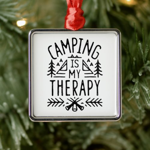 Camping is my therapy retro forest campfire metal ornament