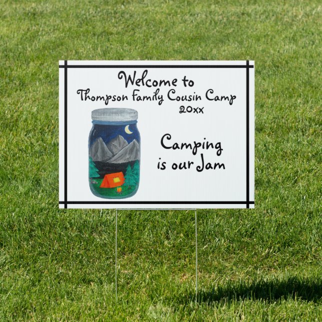 Camping is Our Jam Tent and Mountains in Jar Sign (Insitu)