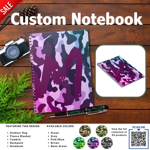 Camping Journal  ADD INITIAL Camouflage Kids Teen
