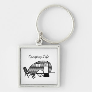 Camping life caravan trailer retro black white keychain