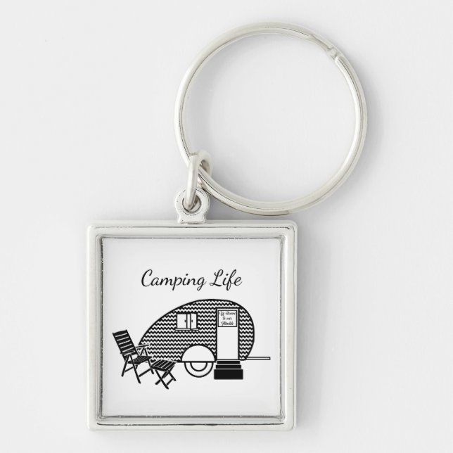 Camping life caravan trailer retro black white keychain (Front)