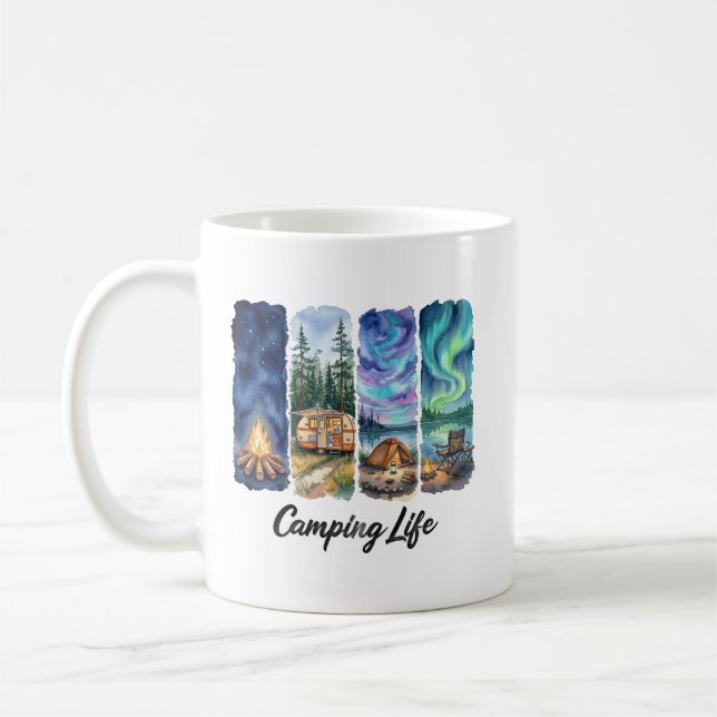 Camping Life Watercolor Adventure with Tent trees  Coffee Mug (Left)